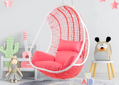 Kideo Komplettset: Pinker Hängesessel mit Gestell & Kissen, Poly-Rattan, Schaukel, Lounge weiß, Coral,