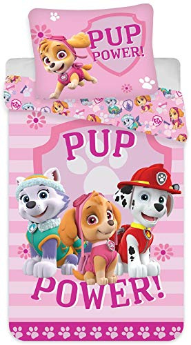BrandMac - ApS Paw - Patrol - Parure de lit pour enfant - Housse de couette - 100 x 135, 40 x 60 cm - Literie pour petits enfants, filles | Parure de lit bébé réversible | Coton naturel doux respirant | Nickelodeon officiel | Fille 0-3 | Barreaux | Idée cadeau