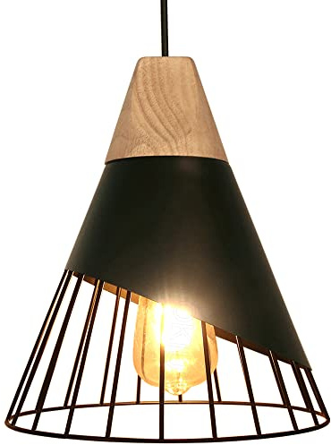 TOKIUS Pendelleuchte Modern Vintage Hängeleuchte Holz Lampenschirm aus Metall E27 Lampenfassung Hängelampe Ø25cm Kreative Deckenleuchte für Schlafzimmer Küche Esszimmer (Schwarz - 1 Stück)