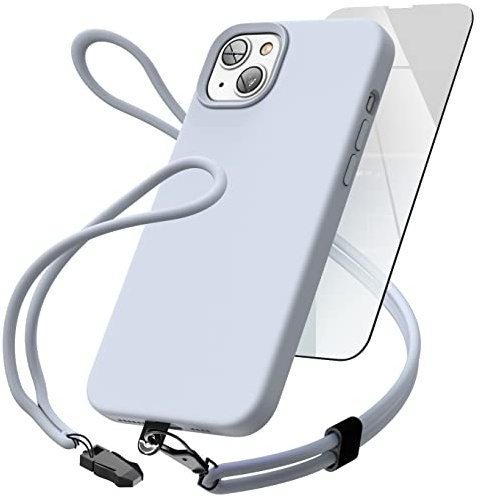 ENCASED 3-in-1 Set Designed for iPhone 14 Silicone Case with Neck + Wrist Strap (Slim-fit) Soft Touch Rubber Case, Lavender Purple (Screen Protector Included)
