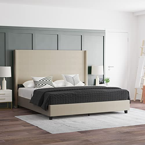 EMMA + OLIVER Nora King Size Faux Linen Upholstered Platform Bed with Plush Padded Wingback Headboard (No Box Spring Needed), Modern Upholstered Headboard King Bed Frame, Beige