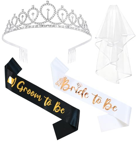 Docooniver 4 Pcs Bachelorette Party Decorations Bride & Groom to be Sash Tiara/Crown Veil Engagement Party Accessories Bridal Shower Gifts for Bride