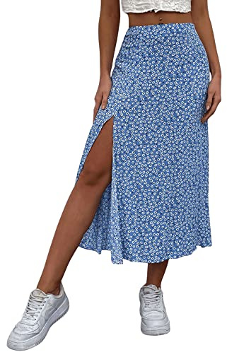 GORGLITTER Rock Damen Sommer Lang Rock Mit Blümchen Rock Mit Schlitz A-Linien Rock Blumenrock Geblümt Rock Mit Hoher Taille Blau L