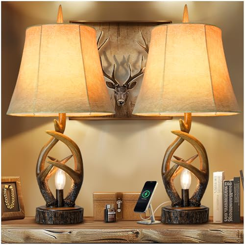 Scenekoy Rustic Farmhouse Antlers Bedside Table Lamp Set of 2 with Nightlight Dual USB Ports Leather Soft Bell Shade Brown Finish nightstand Lamp Decor for Living Room Bedroom Office House Hotel