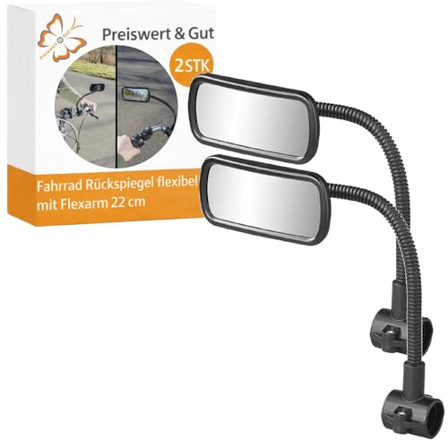 2 STK Fahrradspiegel auch für E-Bike mit 22 cm Flexarm Schelle D 27 mm | Fahrrad Rückspiegel für E-Bike, rechts oder links montierbar, mit 11,5 x 5,5 cm Spiegel und 22 cm Flexarm.