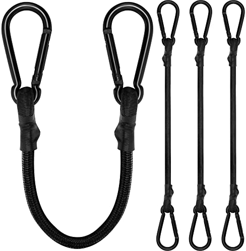 Rugtol Bungee Cords with Carabiner Clips, 4 Pack Long Heavy Duty Carabiner Bungee Cord 12Inch, Extra Strong Black Bungee Straps with Carabiner Hooks for Camping, Tarps, Bike Rack, Tent, Car