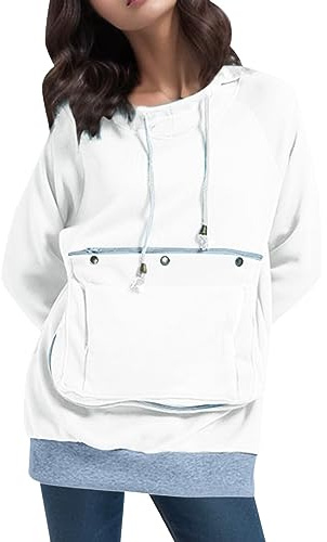 Damen Pullover Kapuzenpullover mit Katzen Hund Tasche Hundetasche Katze Sweatshirt Hoodie Kapuze Katzenpulli Beutel Langarm Herbst Winter Große Größen Hoodie mit Große Tasche