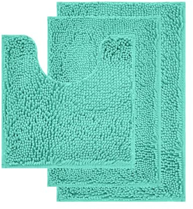 Reyox Chenille Badezimmerteppich Set 3 Teilig, Badvorleger rutschfest Waschbar, Weicher Absorbierende Badematte Wassergrün