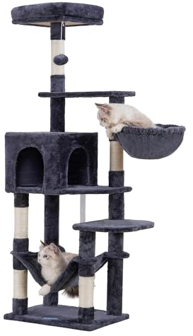 Hey-brother Arbre à Chat, Un Tour de Jeux pour Chats de 154 cm de Haut, Une Tour pour Chats avec Une Caverne pour Chat, Un Panier, Une Hamac et Une Plateforme Supérieure, Gris fumé 0EMPJ005G