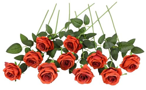 JUSTOYOU 10 pcs Artificial Rose Brown Flowers,Faux Rose Orange Flowers Realistic Bouquet,Single Stem Fake Roses Flowers for Home Party Wedding Bouquet (Burnt Orange)
