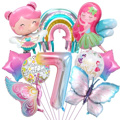 Schmetterling Deko für 7. Geburtstag: Luftballon, Feen, Regenbogen Stern Folienballon - Mädchen Party Dekoration