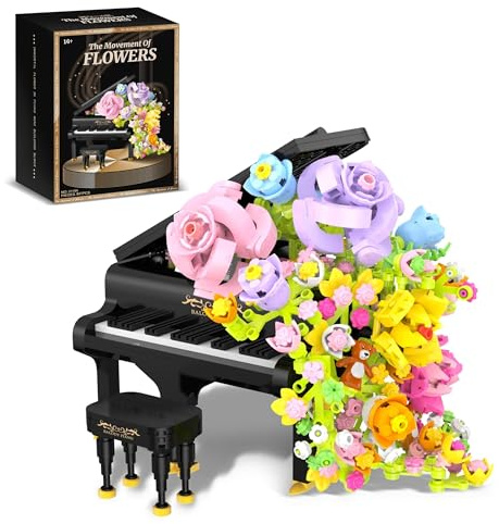 Tirff Piano Flower Bouquet Building Blocks, Artificial Flowers with Roses Campanula, Piano Flower Bouquet Building Decoration Set Gift for Adults - 860 Pieces