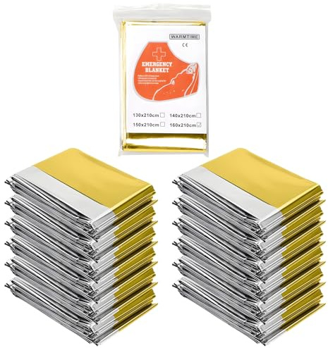 AUSYIWI 12pcs - Oro/Argento Coperta Termica Emergenza, 210×160cm Coperta Isotermica, Coperta Termica di Pronto Soccorso Impermeabile per Salvataggio Protegge da Freddo, Pioggia, Calore e Vento