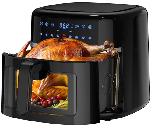 AOSFGE Freidora de aire 9L con ventana de visualización, 1800 W 200 ℃ Horno de aire caliente sin aceite, 8 programas de cocción preestablecidos, circulación de calefacción de aire caliente a 360 °,