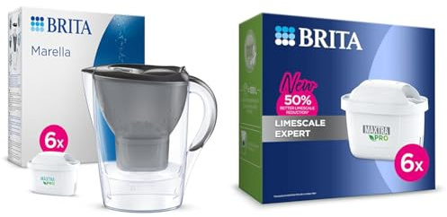 BRITA Marella Water Filter Jug Half Year Pack - Graphite (2.4L) incl. 6x MAXTRA PRO All-in-1 & MAXTRA PRO Limescale Expert Water Filter Cartridge 6 Pack