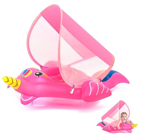 Unicorn Inflatable Baby Swimming Float with Canopy, UPF 50+, Hot Pink Baby Swimming Ring Pool Float, Baby Inflatable Seat Swimming with Shade Canopy for 12-24 Months Newborn Babies Girls
