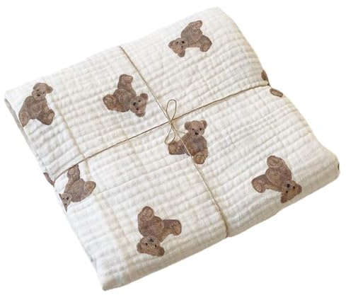 AOOPOO Baby Pucktuch Musselin Decke, Baumwolle Dünne Atmungsaktive Sommer Babydecke Puckdecke Niedlicher Bär Print Baby Swaddle Decke Tücher für Neugeborene Kleinkinder Mädchen Junge 90 x 30 cm