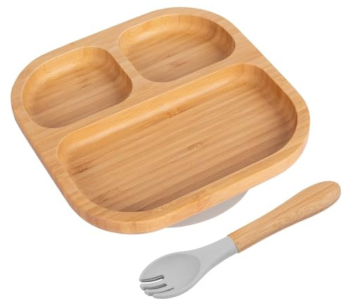 Tiny Dining 2pc Grau Bambus-Segmentiert-Baby-Entwöhnungsteller & Gabelsatz - Hölzern Geteilt Kleinkind Kinder Essen Fütterung Tablett - Silikon Saugnapf
