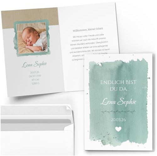 Einladungskarten Manufaktur Hamburg 10 Geburtskarten mit Foto personalisiert Aquarell grün Mädchen und Jungen Babykarten Geburt individuell Dankeskarten mit Umschlägen