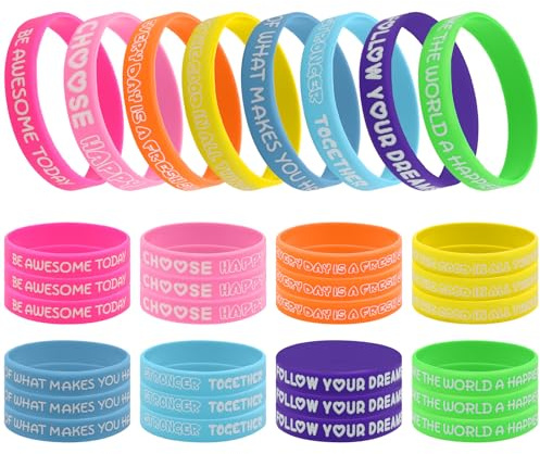 VEGCOO 32 Pcs Motivational Silicone Wristbands, 8 Styles Inspirational Bracelets with Positive Messages for Motivational Gifts School Gifts Prize