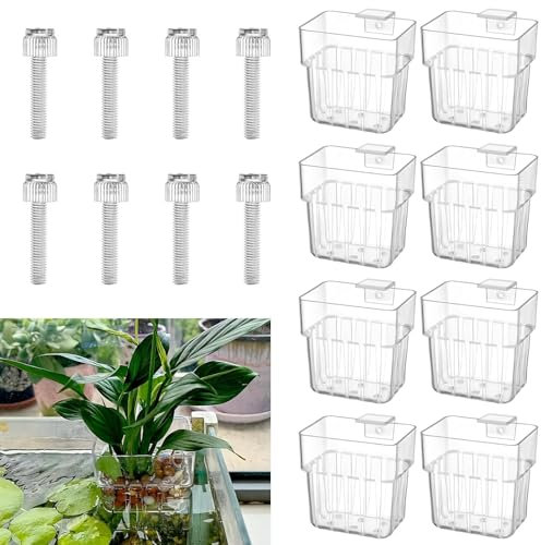 Wbgraceful 8PCS Clear Acrylic Aquarium Plant Holders with Hooks - Ideal for Aquaponic Plant Cultivation, Fish Tank Plant Cup Pots, Aquascape Decoration, and Aquarium Water Feature Decoration.