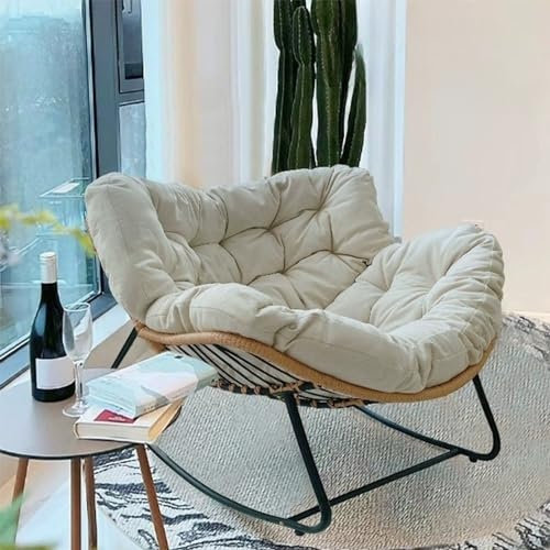 Ergonomischer Papasansessel aus Weidengeflecht mit weichem, dickem Kissen für Wohnzimmer, Leseecke oder Schlafzimmer, weiß, Outdoor-Schaukelstuhl