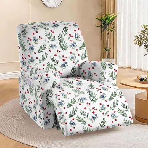 Hearda Stretchhusse für Relaxsessel, Frohe Weihnachten Sesselschoner für Relaxsessel 4-Teilig Sesselbezug Relaxsessel Bezug Stretch mit Tasche Bezug für Fernsehsessel (Rot Beeren)