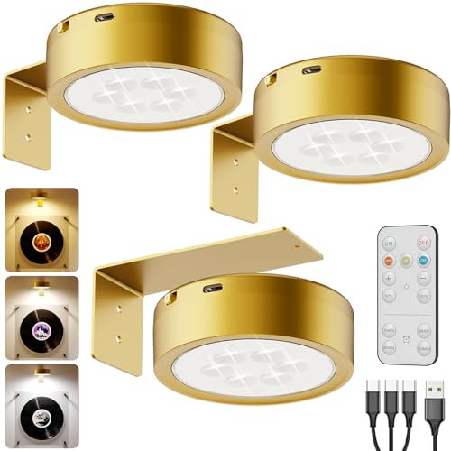 Rechargeable Picture Lights for Wall, Gold 2600mAh Battery Operated LED Art Lights for Paintings Wireless Picture Frame Light Stick On Display Cabinet Lighting Remote Magnetic Puck Light for Poster