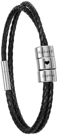 PiercingJak Partnerarmbänder mit Gravur 2-5 Namen Armband Schwarz Lederarmband geflochten Leder Kette Wickel Edelstahl Namensperlen ID Armreif Personalisierte Geschenke für Partner Mann Frauen Familie