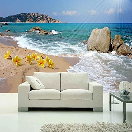 Grand papier peint autocollant motif plage tropicale avec motif de rochers de fleurs, imperméable, amovible pour décoration d'intérieur, 350 x 245 cm