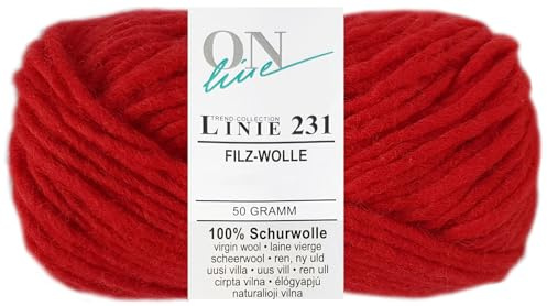 50 Gramm ONline Linie 231 Filzwolle Uni aus 100% Schurwolle (0003 Rot)