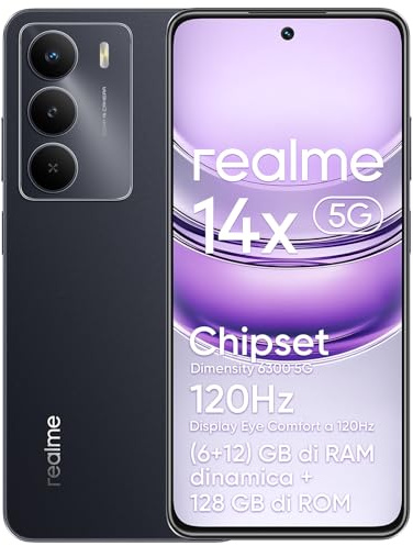 realme 14x 5G-Smartphone, 16 GB Dynamic RAM, 128 GB ROM, augenschonendes 120-Hz-Display, 50-MP-Kamera, 5000-mAh-Akku, Stoßfestigkeit in Militärqualität, Octa-Core, Schwarz (ohne Adapter)
