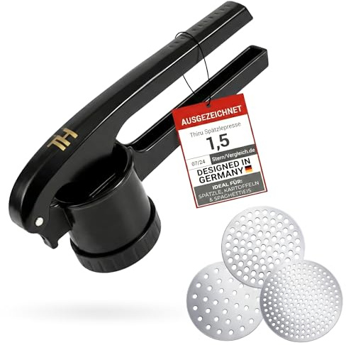 Thiru Machacador de patatas 3en1 – aplasta patatas - prensa patatas con 3 discos de acero inoxidable – para puré, verduras y postres – apoyo seguro en la olla – apto lavavajillas