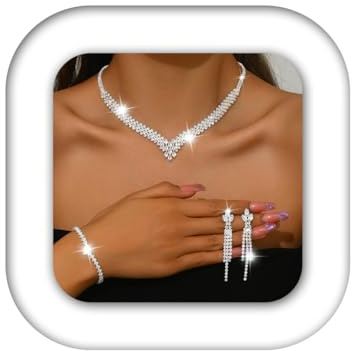Zoestar Juego de joyas de novia de plata con collar y pendientes de cristal brillante para mujer, talla única, No es una piedra preciosa
