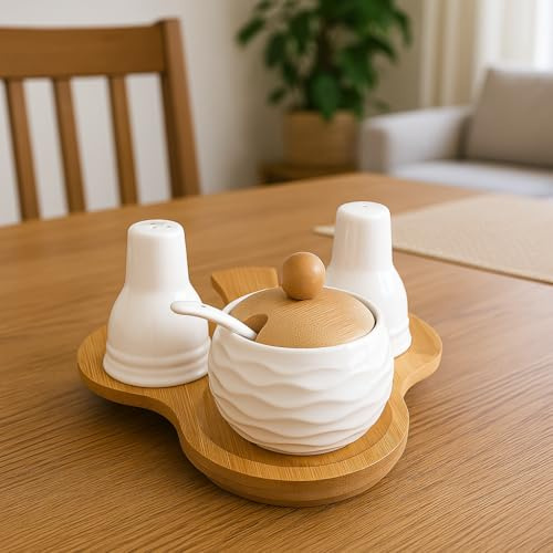 Ceramic Condiment Set with Bamboo Base – Salt and Pepper Shakers with Sugar Jar, Spoon & Wooden Lid – Kitchen & Dining Table Organizer JR5002
