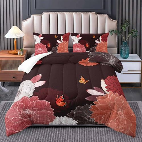 Tuzaovy red and Black Chrysanthemum Bedding Twin Comforter Set,red and Black Room Decor for Bedroom for Women,Flower Bedding Boho Quilt Twin Butterfly Comforter Set 1 Quilt Set with 2 Pillowcase.