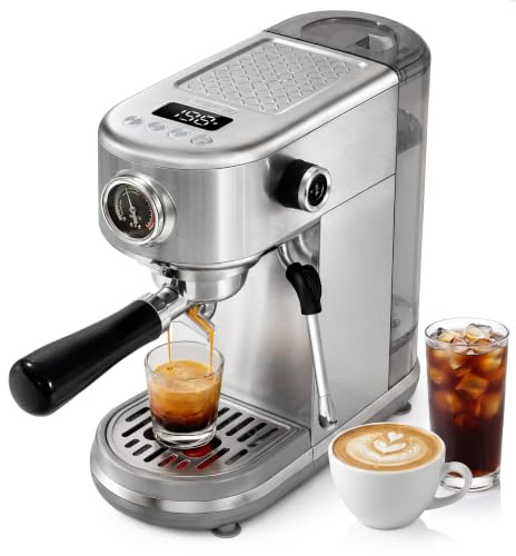 HIBREW H10B Programmable Espresso Machine with LED Display & Pressure Gauge | 20 Bar Compact Stainless Steel Coffee Maker with Milk Frother, 51mm Portafilter for Cappuccino Latte