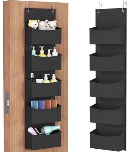 Lifewit Over the Door Organizer, Wardrobe Storage Organiser with Adjustable Metal Hangers, hanging shelves Behind Door for Bedroom, Bathroom, Pantry, Nursery, Kitchen, Dorm, 5 Shelf,Black