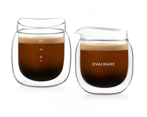 ovalware Espresso Pouring Glass Set of 2 | Double-Wall 2.7oz/80ml Shot Measuring Cup | Heat Protective Comfort | Oval Measurement Dots for Ristretto and Espresso | Drip-Free Precision Spout