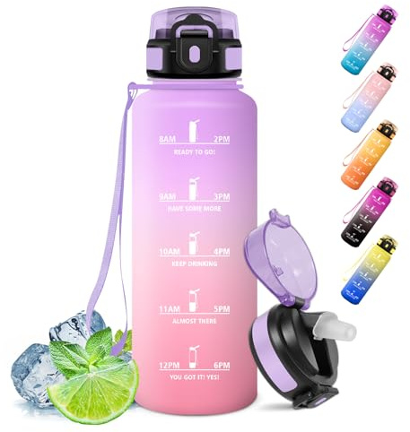 Motswedi Botella Agua, 1500ml con Pajita, Cantimplora, a Prueba de Fugas, Botella Agua Gimnasio, Sin BPA, con Marca de Tiempo, para Gym, Yoga, Oficina, Violeta Claro & Rosa Claro