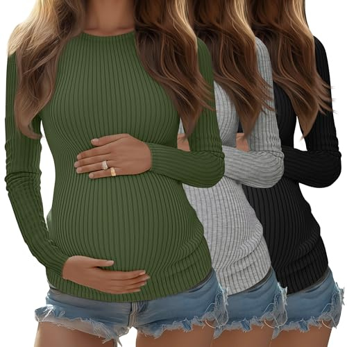 Riyiper Confezione da 3 Magliette Premaman da Donna, Maniche Lunghe, in Maglia a Coste, Tuniche in Cotone, Top Autunnali(Verde Militare, Grigio Chiaro, Nero,M)