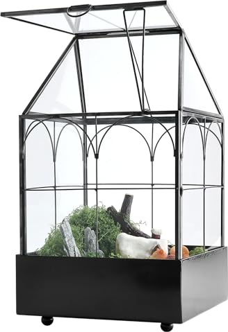 HighFree Glass Terrarium with Metal Tray, Greenhouse Kit for Succulents, Cacti, Snails, Spiders, and Miniature Reptiles, Black 5.9×5.9×10.2 inch