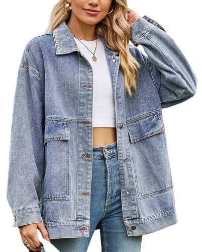 Chaqueta de mezclilla para mujer, estilo vintage, desgastada, para otoño, a la moda, con solapa, con botones y bolsillo, Azul, XX-Large