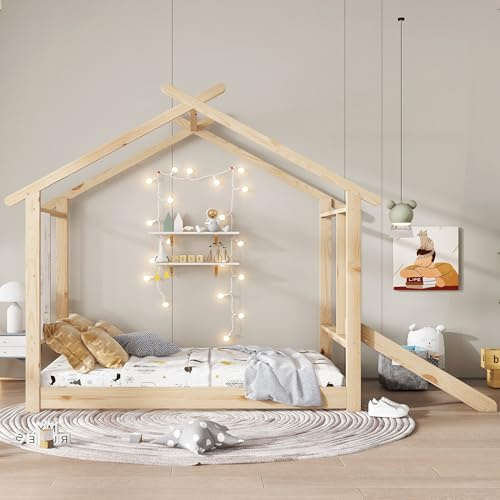 ModernLuxe Lit Enfant 90x200 cm – Lit Cabane Bois avec Toboggan, Sommier Stable et Tableau Blanc – sans Matelas