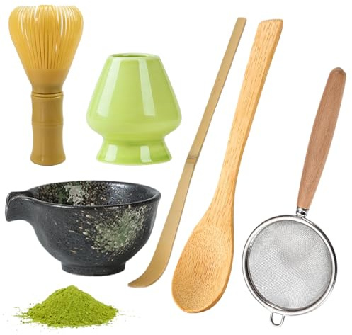 Matcha Whisk Set with Bamboo Matcha Whisk,Holder,Sifter,Spoon,Ceramic Bowl,Scoop,for Traditional Japanese Tea Ceremony,Gifts for Tea Lovers Beginners Enthusiasts