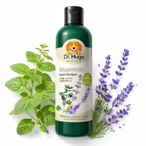 Dr. Hugo Naturkosmetik hundschampo gel, ekologisk lavendel och ekologisk meliss, glänsande päls, för känslig hud, tillverkad i Tyskland, pH-neutral, utan parabener, utan silikoner, hundvård