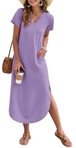 AUSELILY Women's Summer Casual Maxi Dress Short Sleeves V Neck Loose Sundress Split Long Beach Shirt Dress Vacation