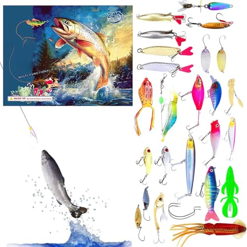 Jsnwernb Angelzubehör Adventskalender | 24 Tage Angelköder Set Weihnachtskalender | Kleine Geschenke für den Weihnachtsstrumpf Feiertags Partygeschenke Angelzubehör Set - für Männer Angler Teenager
