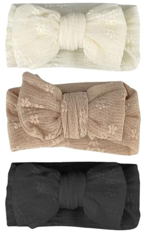 minimutz Haarband Baby 3er Set, Stirnband dehnbar mit Schleife, weiches Haaraccessoire Kleinkind Mädchen, Beige Braun Schwarz