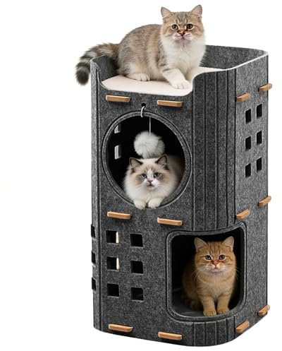 Katzenhöhle aus Filz,Großer Katzenbett mit Kratzbrett und Spielball,Katzenhöhle fur Indoor Klein Katzen,Schutz der Katzennägel,Indoor Katzenwürfel,Warmes Design, Grau (Grau Zwei Ebenen)